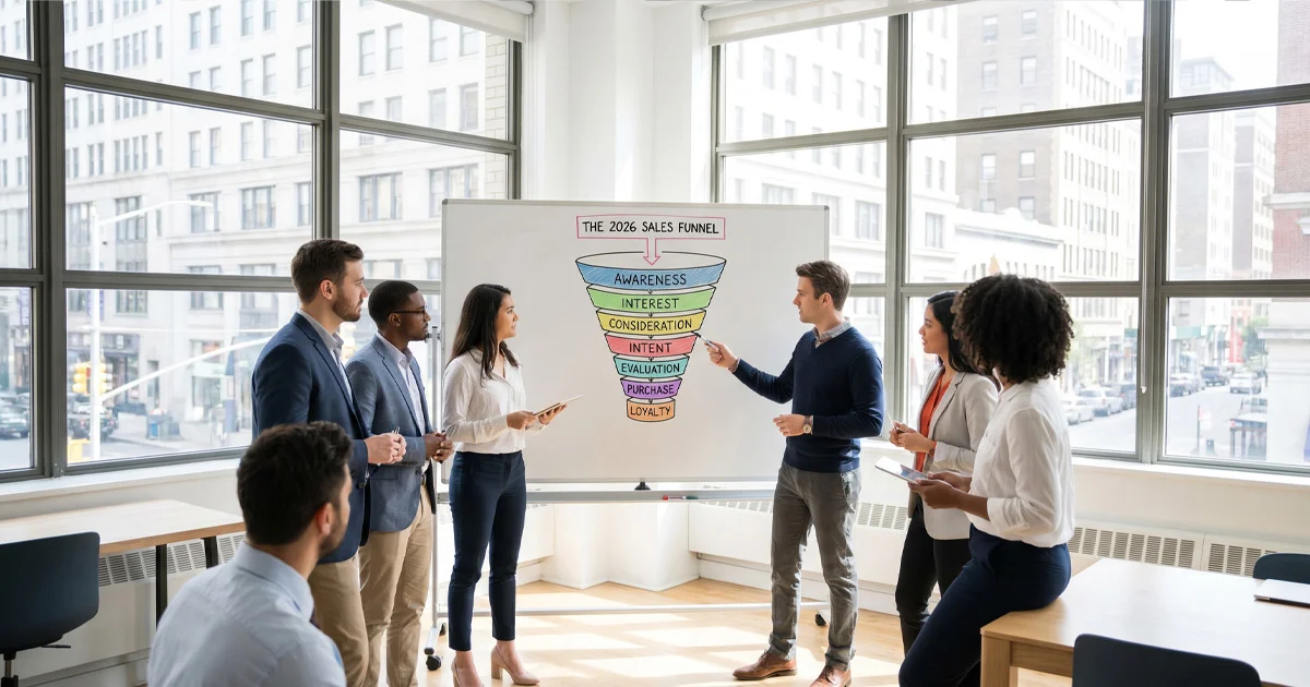 A minimalist 3D isometric representation of a 7-stage sales funnel