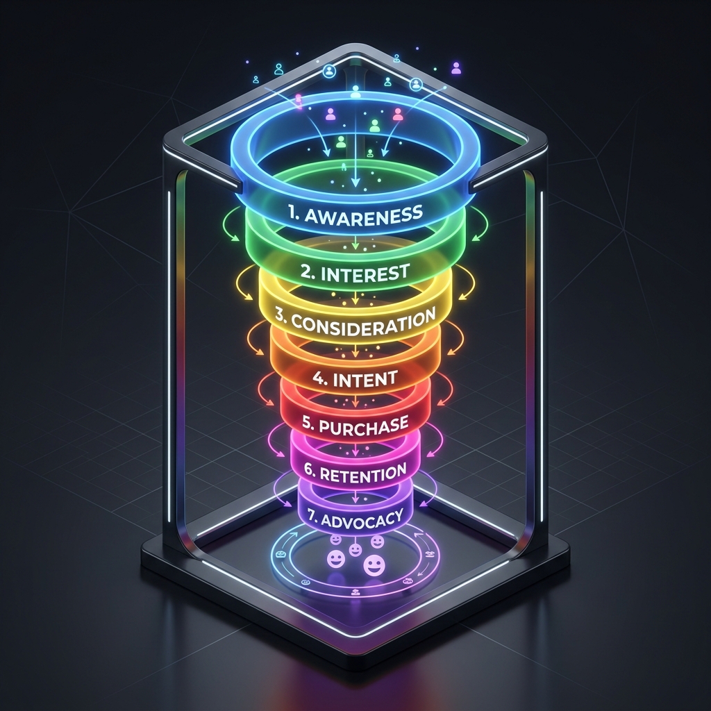 3D visualization of the 7-stage sales funnel