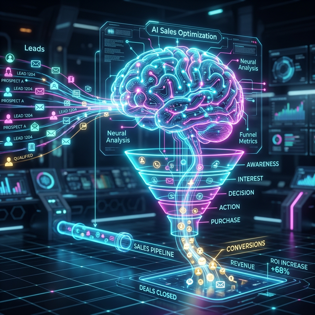 A futuristic robot brain processing glowing sales pipeline leads
