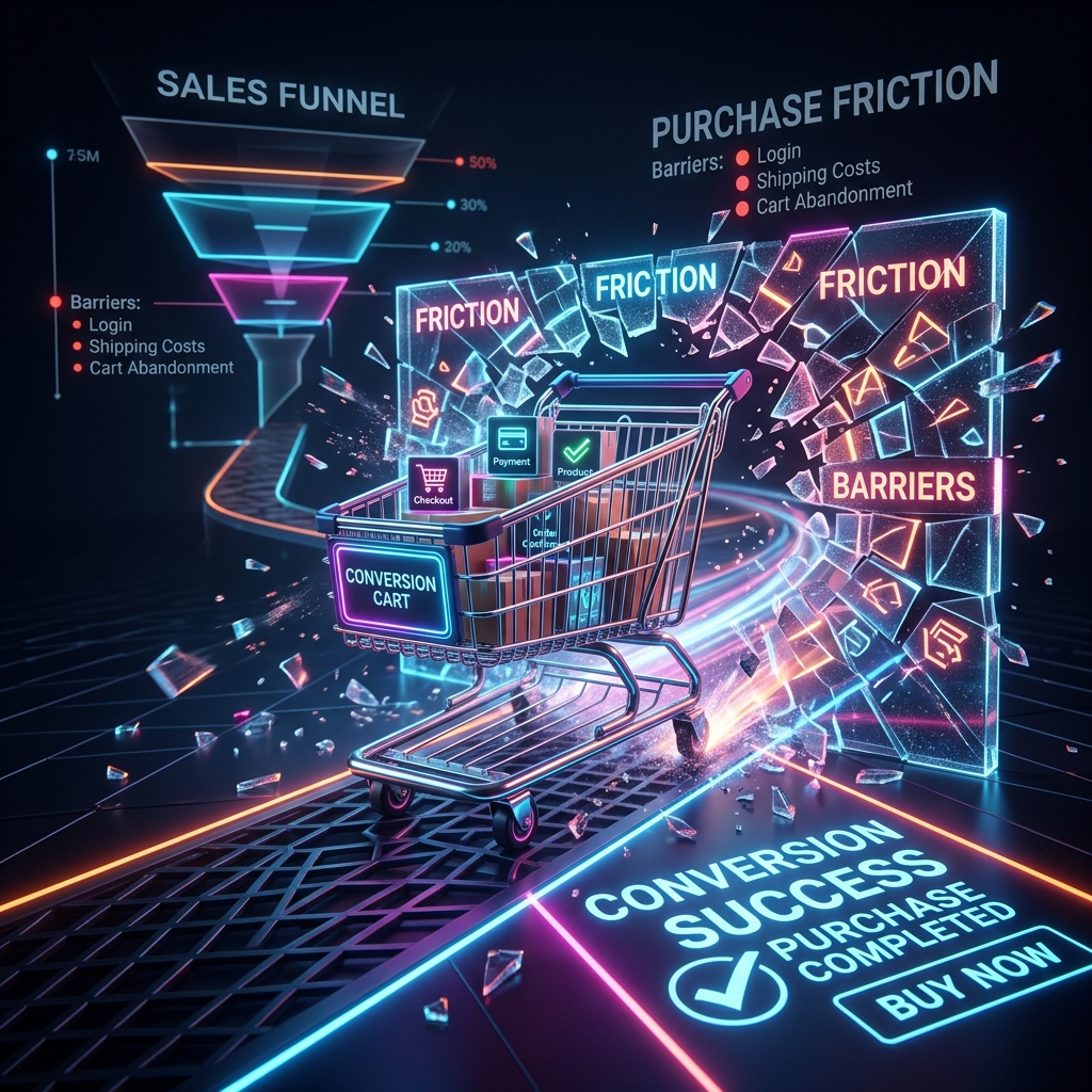 Shopping cart breaking through a neon barrier