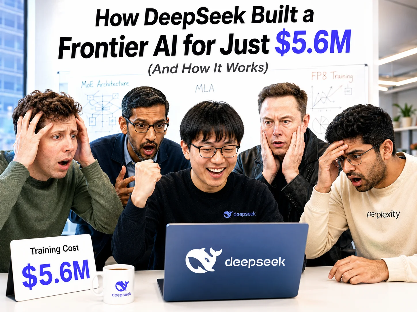 Graph comparing DeepSeek's $5.6M training cost versus Llama 3's $90M+ cost