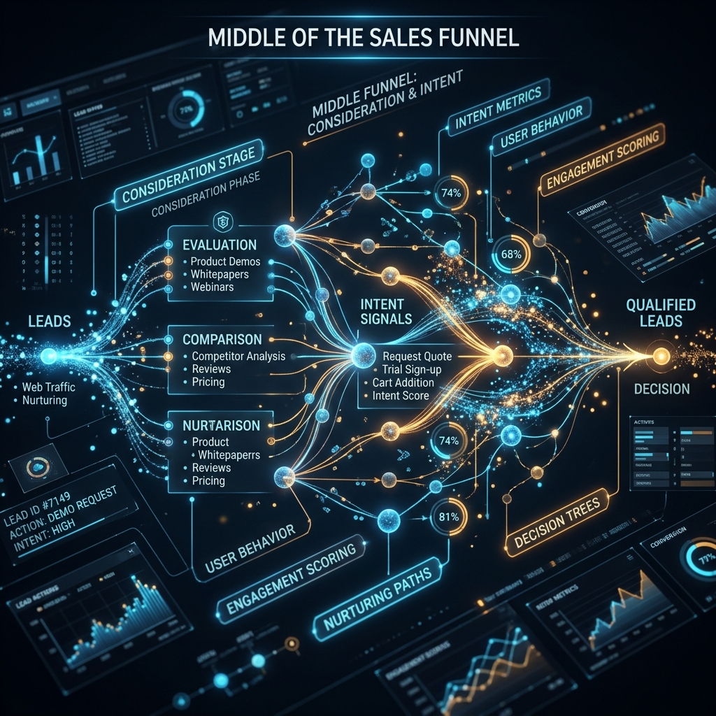 Futuristic 3D network showing decision trees in the consideration phase