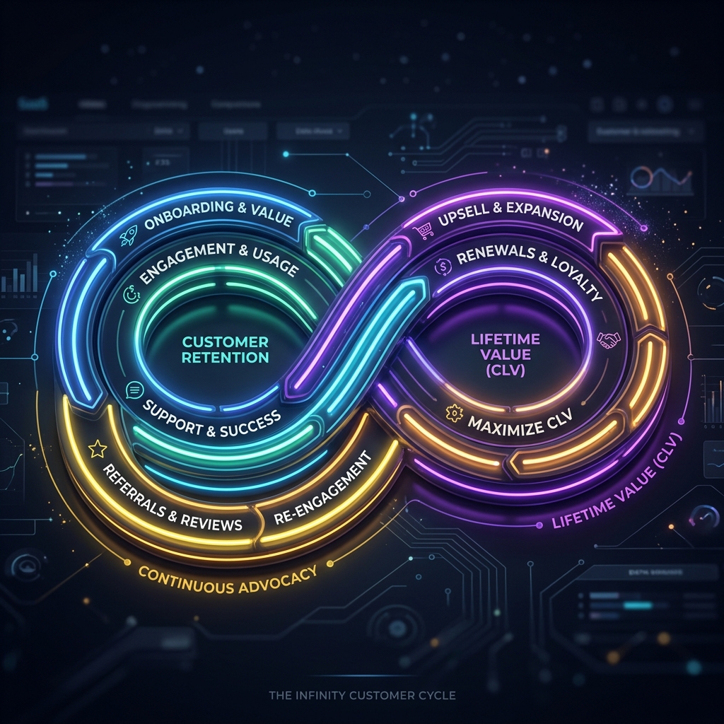 Infinity loop of glowing neon representing post-sale customer retention