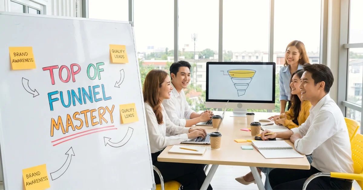 Abstract 3D representation of lead generation at the top of a sales funnel