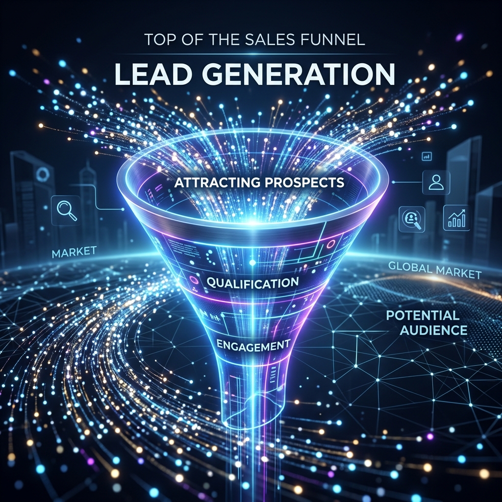 Glowing particles entering a futuristic sales funnel representing lead generation